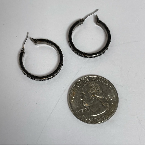 Black Rhinestone-Studded Hoop Earrings with Dark Metal - Picture 3 of 5